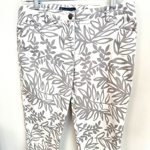 Elliott Lauren Leaf Print Pants Sz 8 Cropped Resort Chic Botanical White Gray - Picture 2 of 7